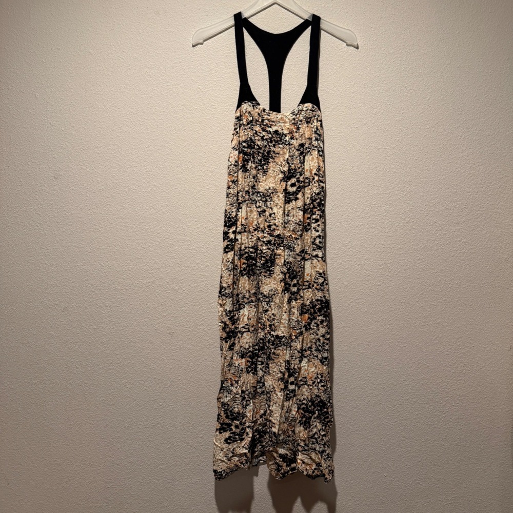 Abstract Print Racerback Midi‎ Dress Tan Black Orange Flowy T-Back Summer Dress
